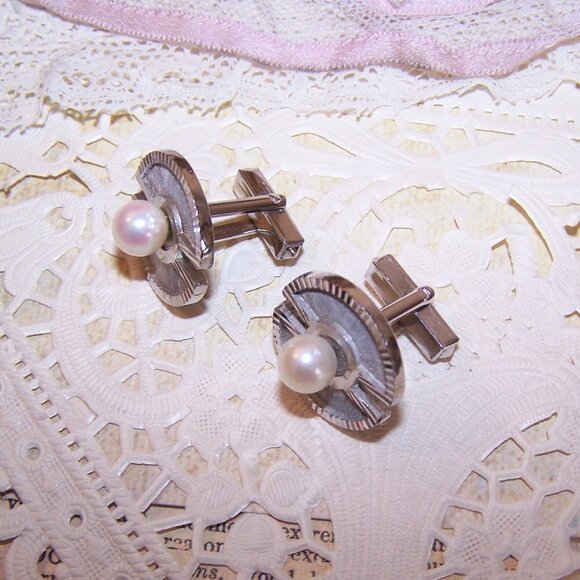 Made in Japan Sterling Silver Cultured Pearl Cufflinks | Cuff Links - Picture 3 of 10